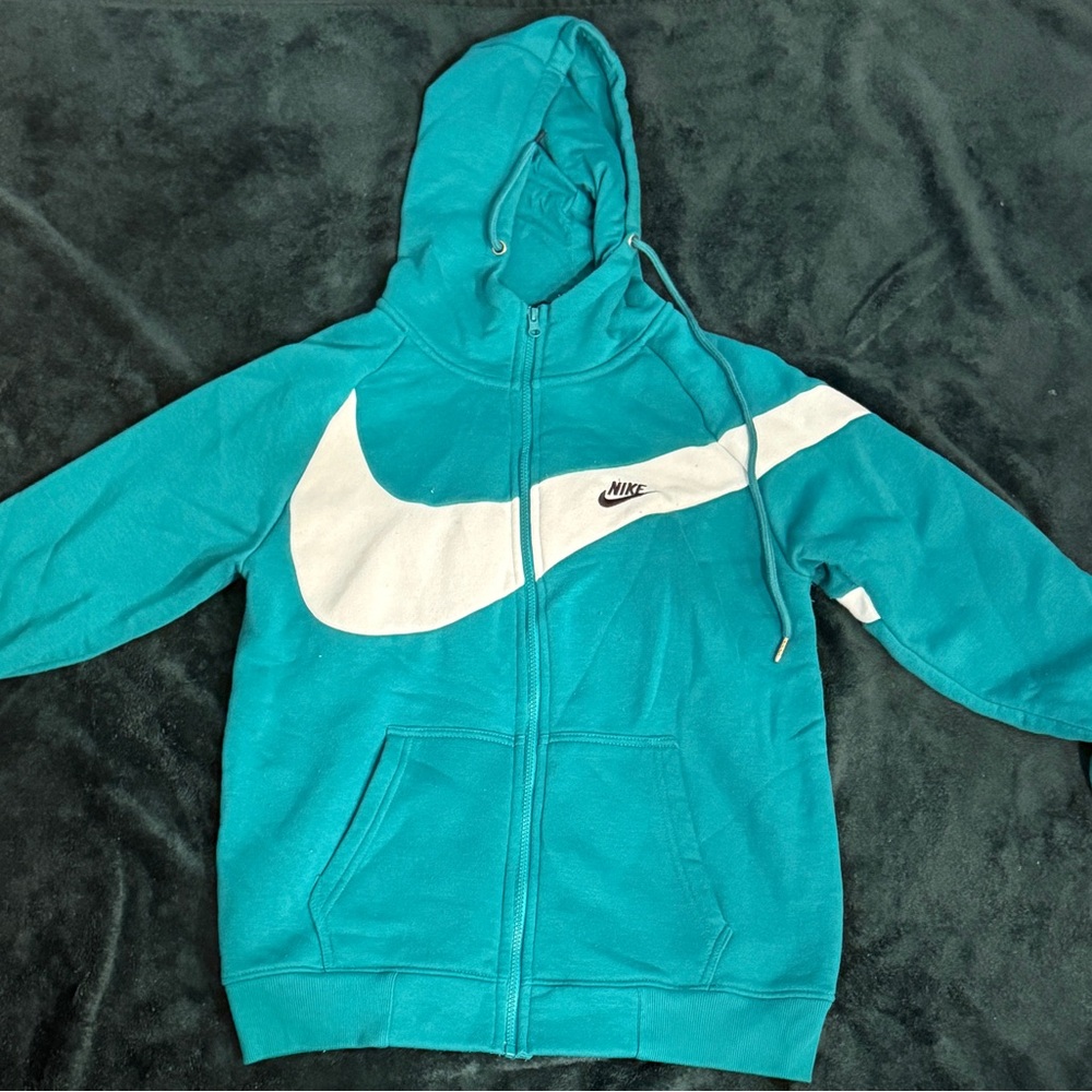 Nike Turquoise and White Zip-Up Hoodie